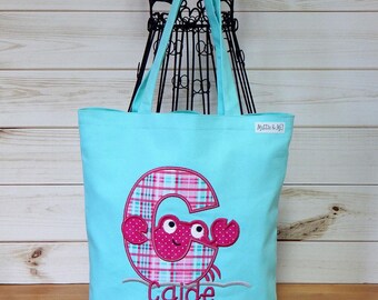 Personalized Crab Applique Tote Bag – Kids Beach Library School Bag