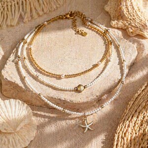Conjunto de joyas estilo bohemio con collar gargantilla de capas, colgante de estrella de mar, pulsera y tobillera para mujer, ideal para fiestas de verano en la playa.