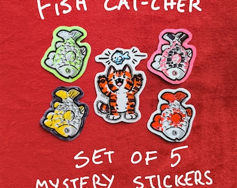 Mystery pack of Fish cat-cher stickers, vinyl laptop decal, handmade weatherproof glossy decal