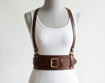 Brown Leather Corset Belt with Shoulder Straps – Wide Waist Cinch Harness