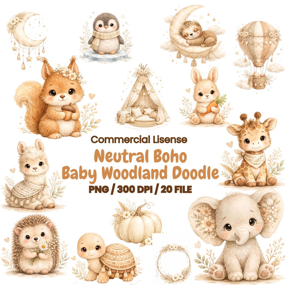 Neutral Boho Baby Shower Clipart Bundle, Woodland Animals Doodle PNG ...