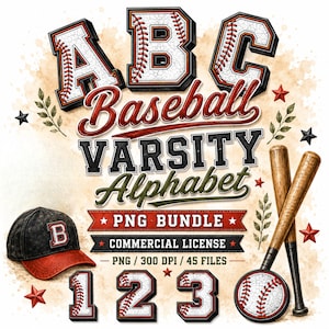 Baseball Varsity Alphabet PNG Bundle | 45 Sports Letters Alphabet  & Numbers | Digital Download