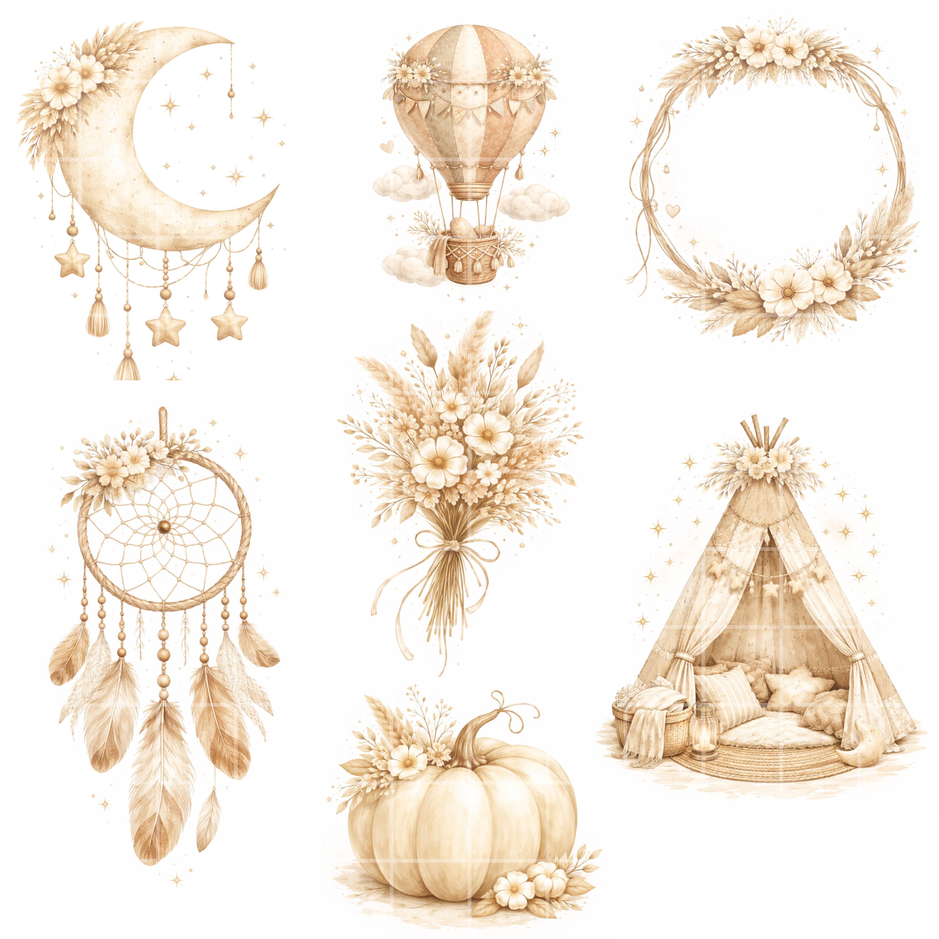 Neutral Boho Baby Shower Clipart Bundle, Woodland Animals Doodle PNG ...