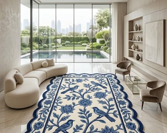 Handwoven Wool Botanical Area Rug, Blue Ivory Floral Bird Scalloped Carpet