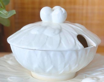 Bol y plato base vintage Sarreguemines para confitura blanca / Diseño de bayas y hojas