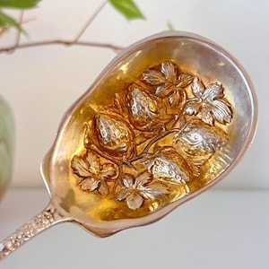 Könnte beinhalten: Ein goldfarbener Metall-Servierlöffel mit einem geprägten Design aus Erdbeeren und Blättern auf der Laffe. Der Griff hat eine texturierte, gemusterte Oberfläche. Das Metall hat ein warmes, reflektierendes Finish mit detaillierten Verzierungen.