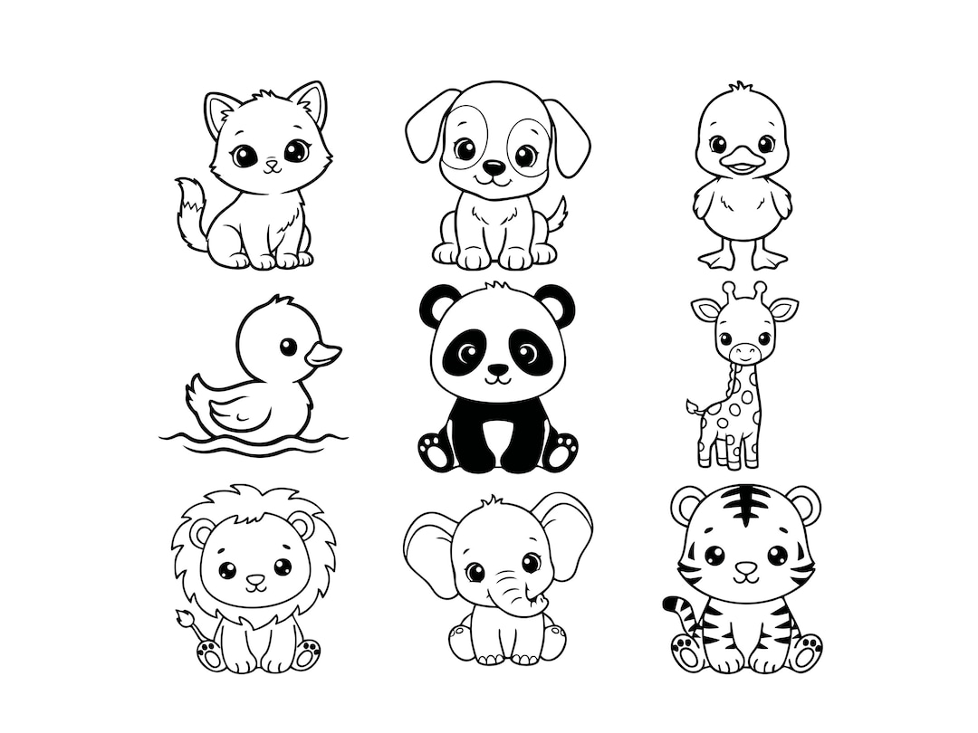 Cute Baby Animals SVG Bundle | 9 Black White Designs | PNG JPG | Print ...