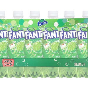 May include: A pack of six Fanta Melon Soda bottles. Each clear plastic bottle has a white cap and a green label with the Fanta logo and Japanese text. The label features a melon and a glass of soda.
