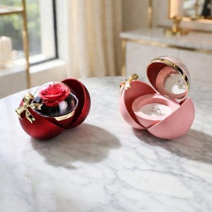 Rotating Engagement Proposal Ring Box, Bow Spherical Magnetic Floding Jewelry Box with Rose for Wedding, Anniversary, Valentine's Gifts