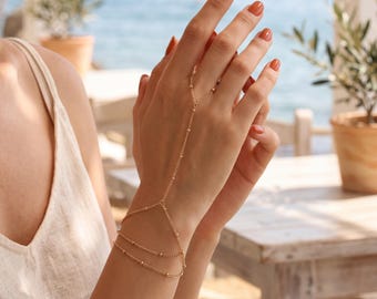 Minimalist Waterproof Gold Hand Chain Bracelet Ring, Bridal Layered Slave Bracelet,  Finger Bracelet for Beach Wedding Bracelet