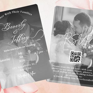 May include: Two wedding invitation cards with a grayscale photo of a couple kissing. The cards feature the names "Beverly & Jeffrey", wedding details, and an RSVP section with a QR code. The text "Together With Their Families" is at the top.