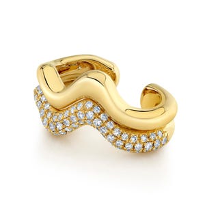 Diamond Wave Double Band Ear Cuff Real Gold No Piercing Cartilage Earring Thick Wavy Luxury Delicate Pave Diamond Statement Cuff For Women