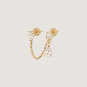 Diamond Chain Earring 14k Gold Double Piercing Stud Link Earring Minimalist Pear & Round Cut Lab Diamond Dainty Connector Ear Stack Jewelry