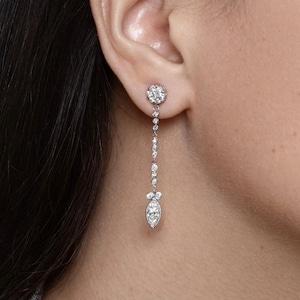 Pendientes colgantes de diamantes talla marquesa y redonda, engastados en oro auténtico de 14 quilates, estilo art déco. Pendientes largos llamativos, minimalistas y de lujo.
