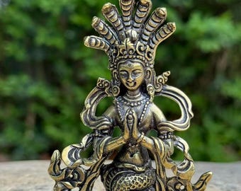 Messing Tibet fünf Schlangengott Guan Yin Kwan-Yin Buddha Statue, Schlangenmutter Quan-yin Bodhisattva Sculptur Buddhismus Feng Shui Dekor