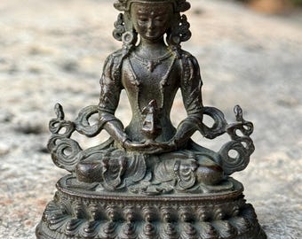 Statua di Tara Bianca - Piccola statua tibetana del Bodhisattva in ottone, figura di meditazione, sedile di loto, decorazione per altare spirituale