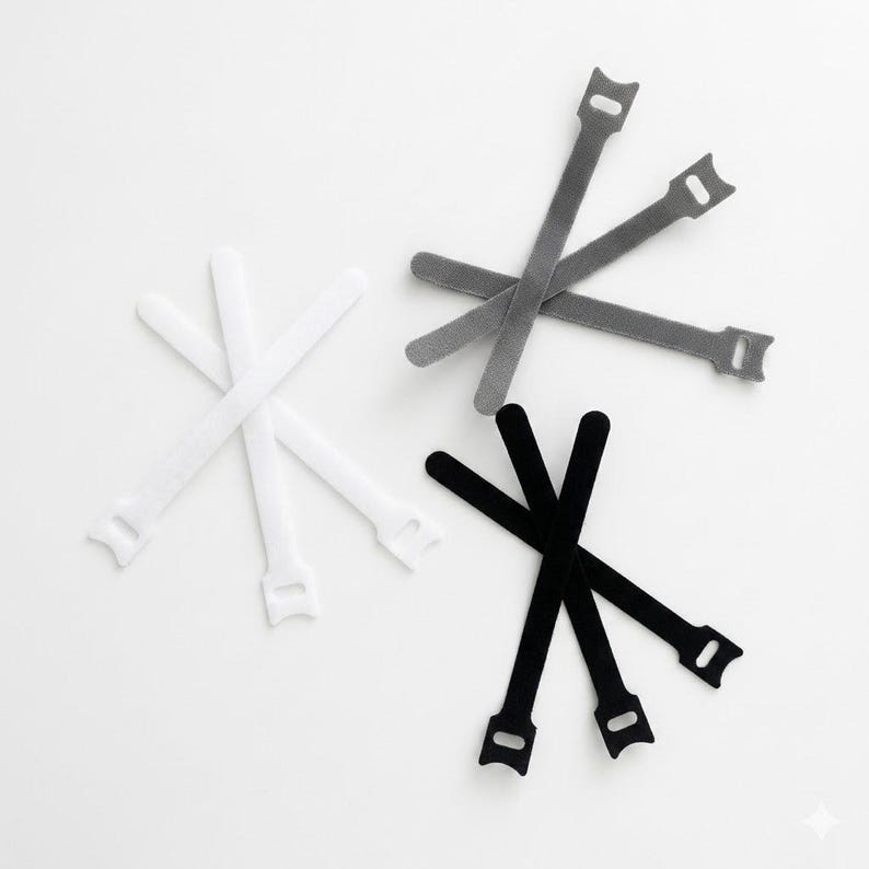May include: An overhead shot displays several reusable cable ties in white, gray, and black. Each tie has a rectangular body with a slot and a tab at one end. The ties are arranged against a white background.