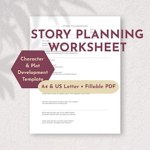 以下が含まれることがあります： 白いストーリープランニングワークシート。テキスト「STORY PLANNING WORKSHEET」は濃い赤色のフォントです。ワークシートには、キャラクターとプロット開発のセクションが含まれています。A4とUSレターサイズで利用できます。