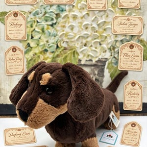 May include: A plush dachshund dog in shades of brown and tan, with floppy ears and a long body. The dog is positioned in front of several vintage-style tags with text. The tags have decorative borders and are in various sizes.