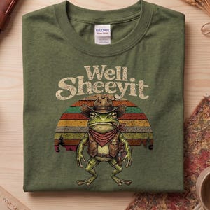 Well Sheeyit Shirt, Funny Cowboy Frog Tee, Retro Western Humor T-Shirt, Sarcastic Country Gift, Vintage Sunset Frog Lover Tee