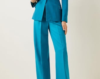 Teal Blue Tailored Pantsuit Set for Women | Elegant Blazer & Wide-Leg Trousers | Formal Office Wear | Chic Power Suit.