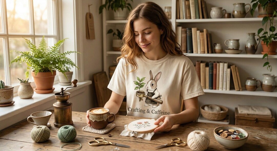 Crafting and Caffeine Bunny Shirt | Barista Rabbit | Comfort Colours ...