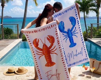 Personalized Lobster Beach Towel, Custom Name Pool Towel, Summer Vacation Gift