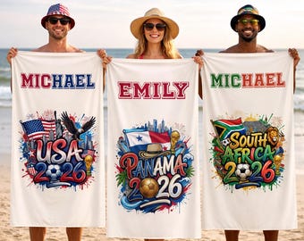 Custom Name World Cup 2026 Beach Towel, Personalized Soccer Pool Towel