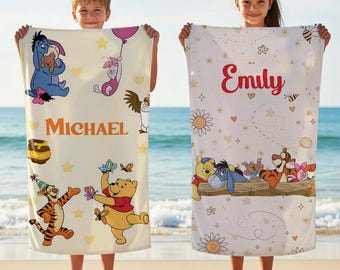 Personalized Winnie the Pooh Beach Towel, Custom Name Pool Towel, Summer Vacation