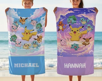 Personalized Anime Pokemon Beach Towel, Custom Name Gift
