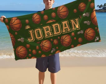 Personalized Sport Beach Towel, Custom Name Baseball, Basketball, Football & Soccer Designs