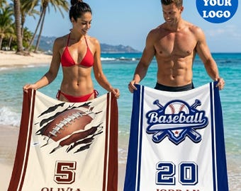 Personalized Team Beach Towel, Custom Sports Logo Towel, School Team Gift