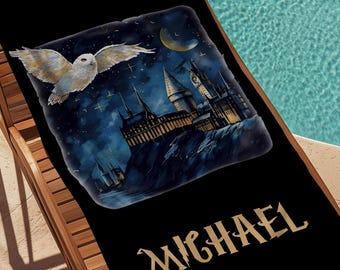 Personalized Wizard Castle Beach Towel, Starry Night Custom Name Pool Towel, Magic School