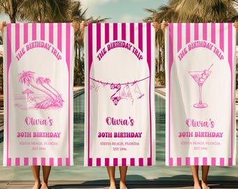 Personalized Birthday Trip Beach Towel, Custom Name Pool Vacation Towel