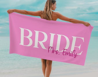 Personalized Bride Beach Towel, Custom Name Bridal Gift