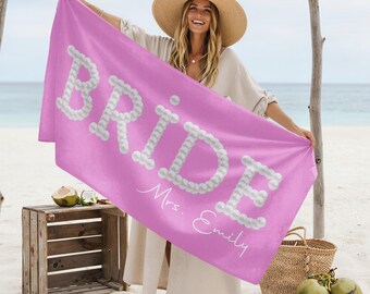 Personalized Bride Beach Towel, Custom Name Honeymoon Accessory, Bridal Shower Gift
