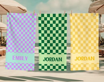 Personalized Checkered Beach Towel, Custom Name Pool Towel, Retro Summer Essential