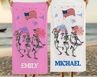 Personalized 4 th of July Skeleton Beach Towel, Summer Gift Towel