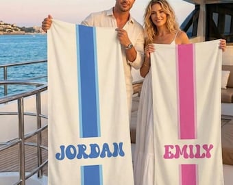 Personalized Stripe Beach Towel, Custom Name Pool Towel, Couple For Gift