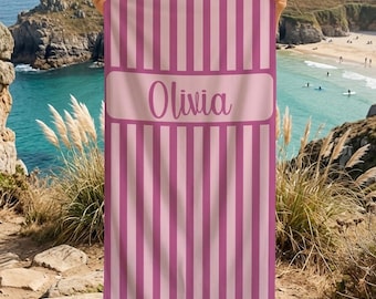 Personalized Striped Beach Towel, Custom Name Pool Party Gift