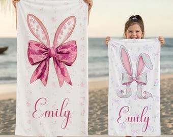 Personalized Bow Beach Towel, Custom Name Pool Towel, Kids Summer Gift