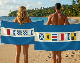 Personalized Name In Nautical Flags Beach Towel, Ocean Lover Gift