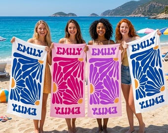 Personalized Retro Daisy Beach Towel, Custom Name Pool Towel