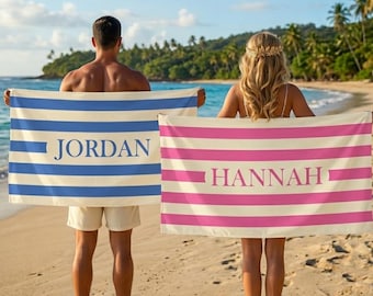 Personalized Stripe Beach Towel, Custom Name Pool Towel, Summer Vacation Gift