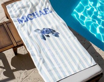 Personalized Striped Beach Towel, Custom Name Pool Towel, Seashell Summer Gift