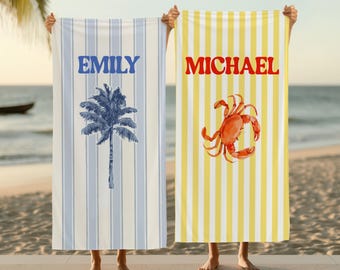 Personalized Striped Beach Towel, Custom Name Pool Towel, Seashell Summer Gift