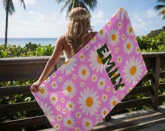 Personalized Daisy Beach Towel, Custom Name Pool Towel, Easter, Summer Gift