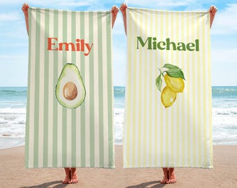 Personalized Striped Beach Towel, Custom Name Pool Towel, Seashell Summer Gift