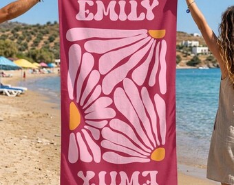 Personalized Retro Daisy Beach Towel, Custom Name Pool Towel