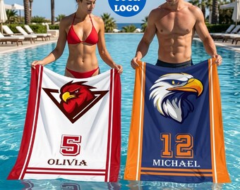 Personalized Team Beach Towel, Custom Sports Logo Pool Towel